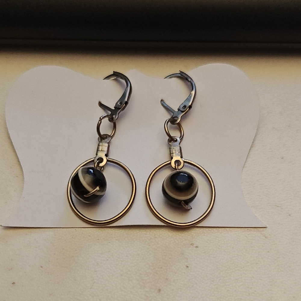 Handcrafted Black and Silver Hoop Drop Earrings - Unbranded